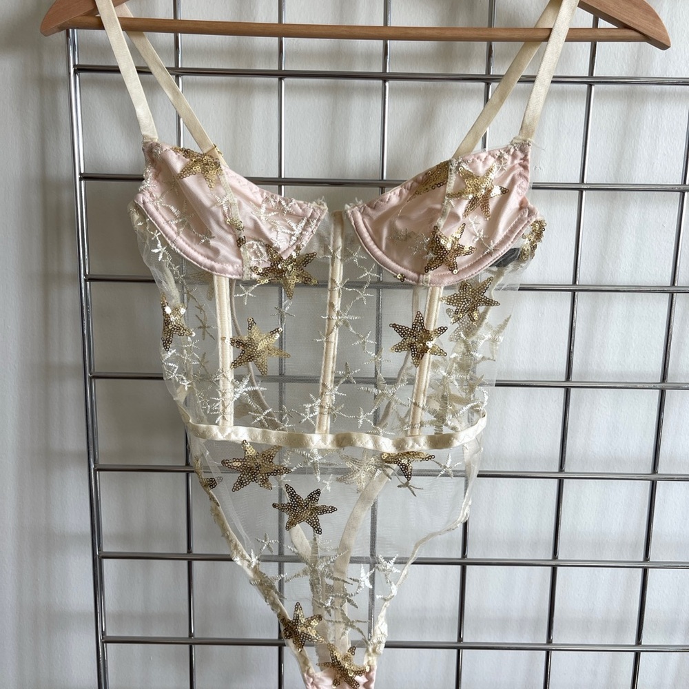Nasty Gal Pink and Gold Star Mesh Bodysuit